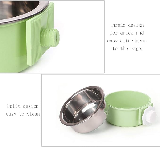 Pet Hanging Bowl 2-in-1 Removable Stainless Steel Food Hanging Bowl for Puppy/Cat, Andiker Pet Bowl Hanging Cage Large Water Food Feeder for Dogs Cats (Large, Green)