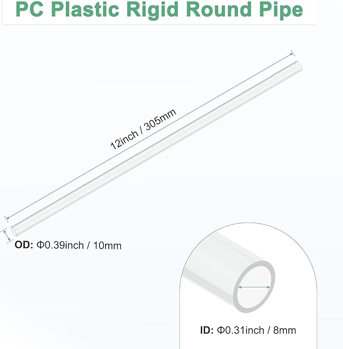 M METERXITY 1-Pack Clear Plastic Tube, 8mm[0.31"] ID x 10mm[0.39"] OD High Impact Rigid Polycarbonate Round Pipes for Water Plumbing/Lighting/Aquariums/Models, Plastic Tubing [305mm/12IN]