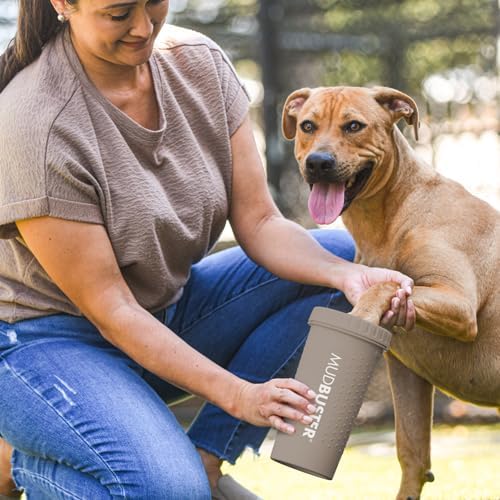 Dexas MudBuster Large Dog Paw Cleaner in Taupe - Fits 2.5"-3.5" Wide Paws, Portable Paw Washer for Muddy Paws, Dog Paw Cleaning Cup with Gentle Silicone Bristles, Quick Clean Pet Paw Washer