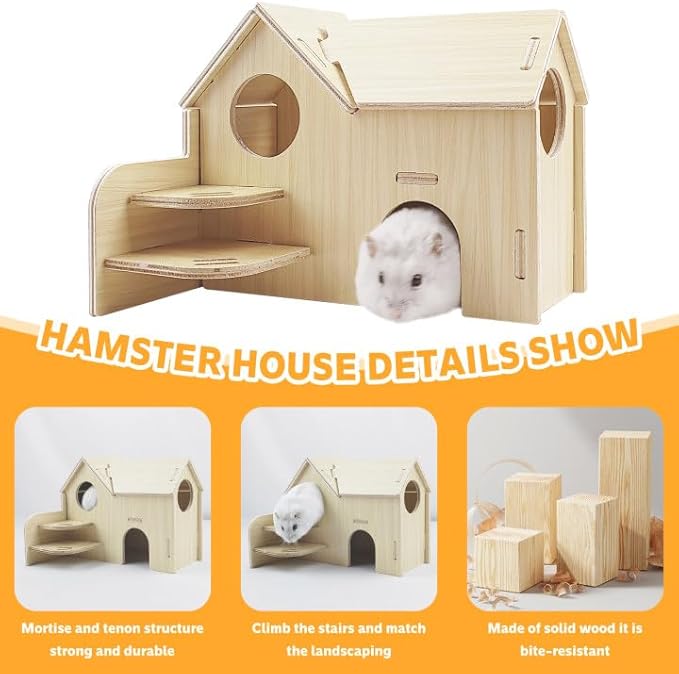 Hamster House,Tiny House with Slide House, Double-Decker Hut,Hamster Cage Accessories,Small Animal Habitat Decor for Hamster