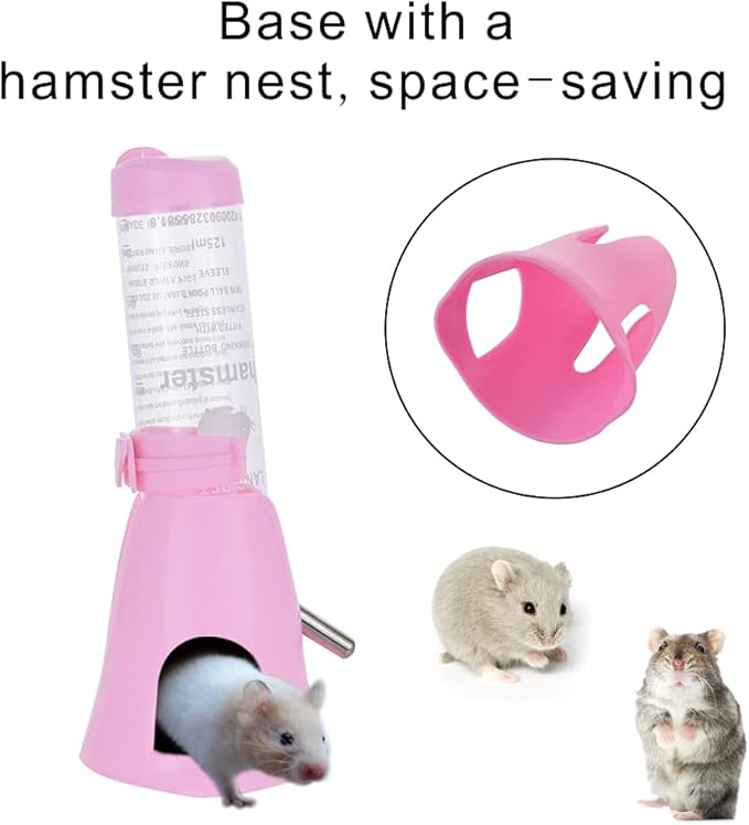 Guardians Hamster Water Bottle, Little Pet Automatic Drinking Bottle with Food Container Base Hut Hanging Water Feeding Bottles Auto Dispenser for Small Animals (125ml,Pink)