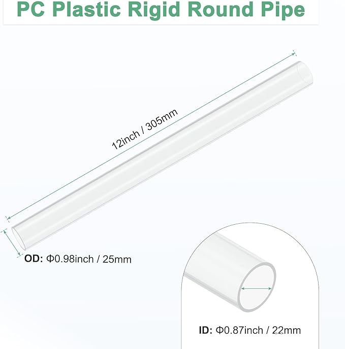 M METERXITY 1-Pack Clear Plastic Tube, 22mm[0.87"] ID x 25mm[0.98"] OD High Impact Rigid Polycarbonate Round Pipes for Water Plumbing/Lighting/Aquariums/Models, Plastic Tubing [305mm/12IN]