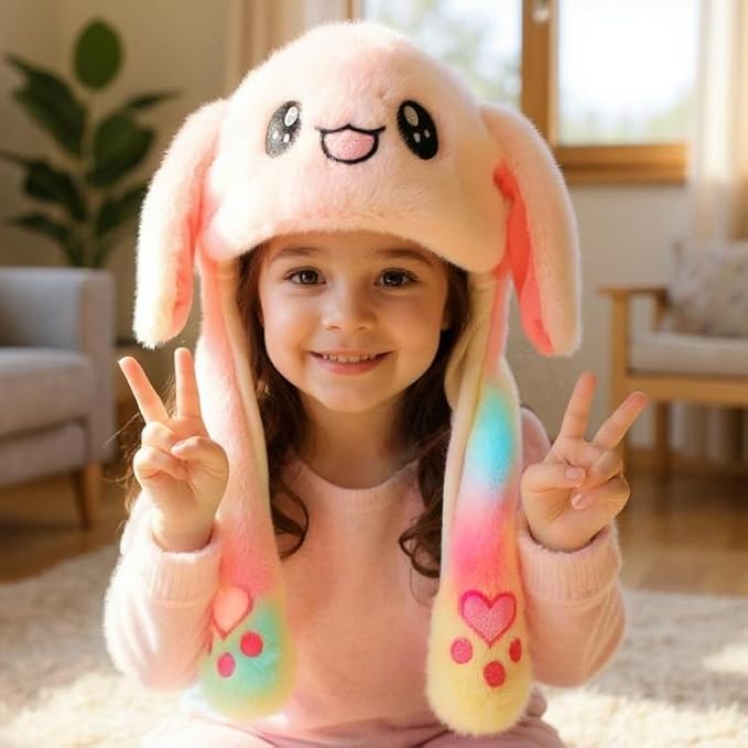 Bubblepompom Animal Hat with Ears Moving Jumping Pop Up Beating Hat Plush Holiday Cosplay Dress Up Funny Gift for Kids