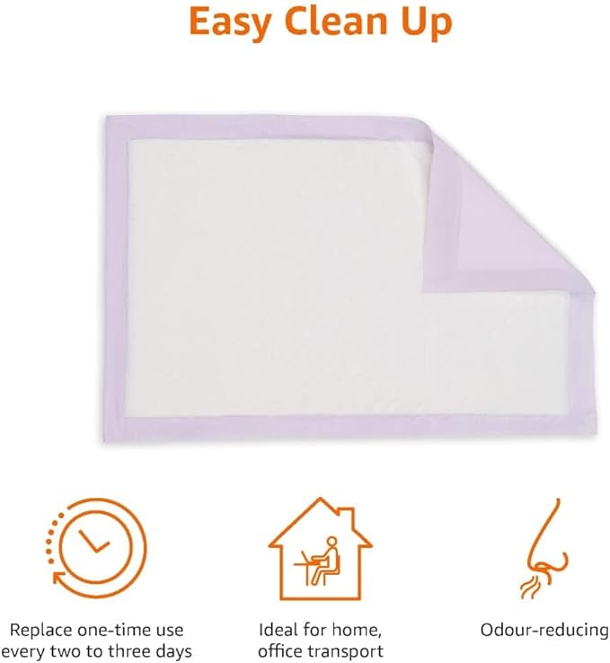 Amazon Basics Cat Pee Pads, Odor Control, Super Absorbent, Disposable, Universal Fit for Litter Box, Lemon Scent, Multi Cat, White/Purple, 80 Count