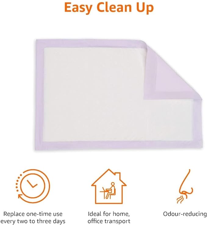 Amazon Basics Cat Pee Pads, Odor Control, Super Absorbent, Disposable, Universal Fit for Litter Box, Unscented, Multi Cat, White/Purple, 60 Count