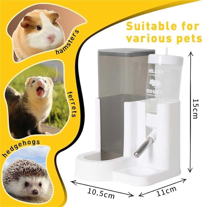 Hamster Water Bottle Standing Water Dispenser No Drip 2 in 1 Large Capacity Small Animal Automatic Food Bowl for Cage Accessories for Hamsters Gerbils Mice (Gray, 5.91 in X 4.13 in X 4.33 in)