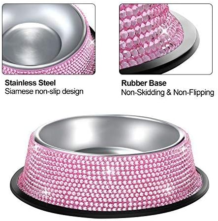 SAVORI Small Dog Bowls Pink, Handmade Bling Rhinestones Stainless Steel Pet Bowls Double Food Water Feeder for Puppy Cats Dogs Cats (400ml-Pink)