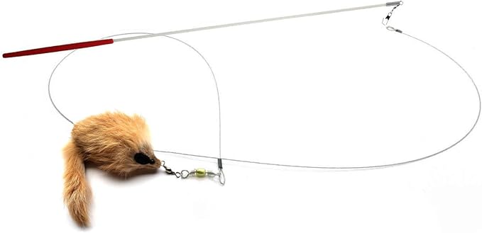 Kats'N Us 4 Inch Real Rabbit Fur Mouse Handmade Teaser Refill Cat Toy with 19 Inch White Wand – Carmel with Bell Lifelike, Durable Fiberglass Wand & Line, Hunting Instinct Attachment Set for Cats