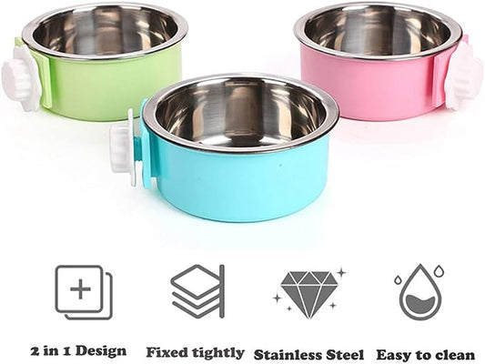 Love Dream Crate Dog Cat Bowls, Removable Stainless Steel Hanging Pet Cage, Food Water Feeder with Bolt for Puppy Birds 2 Pack with Silicone Sponge Dish Brush