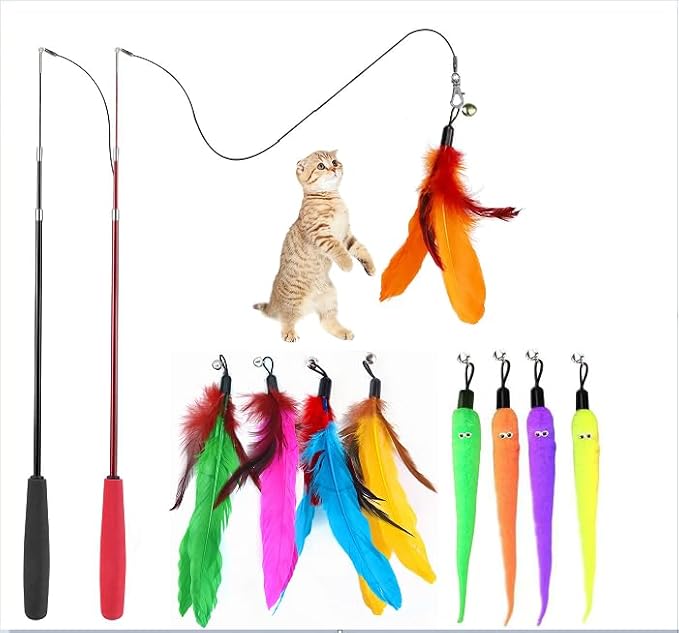 Interactive Cat Toys - Retractable Wand Toy and Feather Toys Refills for Indoor Cats to Chase and Exercise