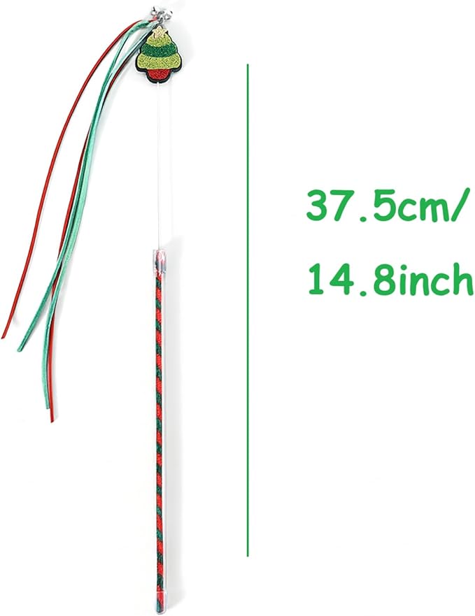 Christmas Cat Toy Wand with Bells and Ribbons – Interactive Cat Teaser Wand for Indoor Cats and Kittens, Durable Wire Cat Toy for Holiday Play and Exercise