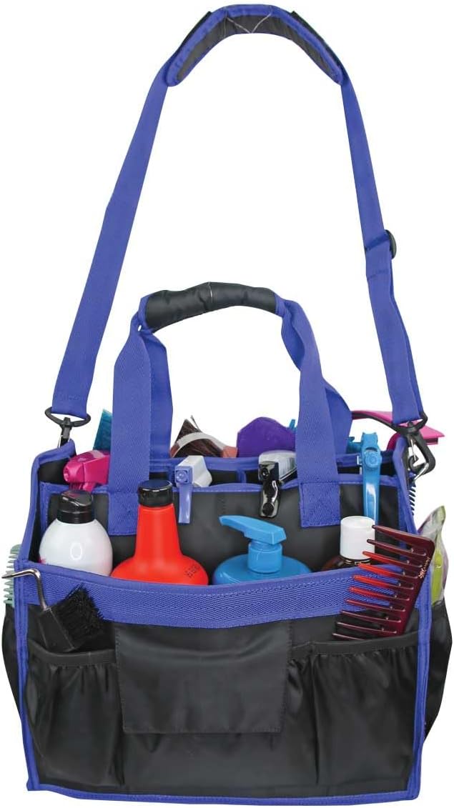 Country Pride Nylon Grooming Tote for Horses, Durable Mesh Bottom, Large Interior Compartments for Sprays and Bottles, Exterior Elastic Pockets, Detachable Padded Shoulder Strap,14"x12"x9" (Blue)