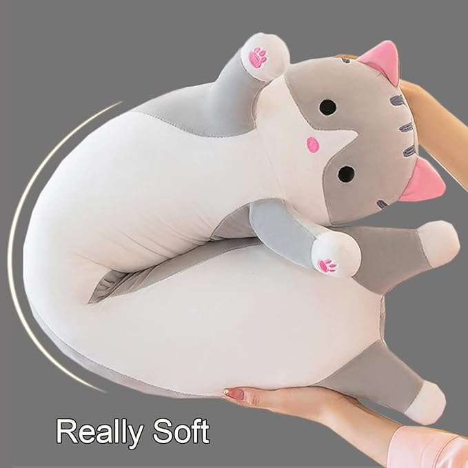 Giant Cat Pillow Plush Cartoon Kitty Sleeping Hugging Pillow, Cuddly Soft Long Kitten Body Pillow Doll Cat Cushion Toy for Kids Girlfriend (Gray, 150cm/59inch)