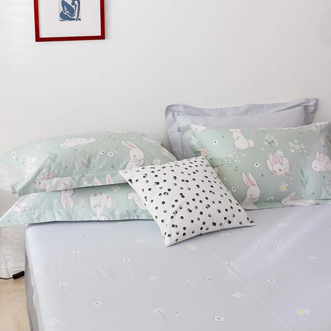 BlueBlue Rabbit Kids Duvet Cover Set Queen, 100% Cotton Bedding for Boys Girls Teens, Cartoon White Rabbit Flower Cute Pattern Print on Light Green, 1 Full Comforter Cover 2 Pillow Shams (Queen)