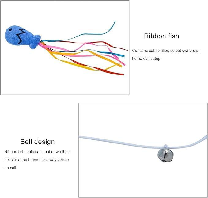 BWESOO Blue Cat Wand Kitten Teaser Stick Portable Cat Teaser Fish Design Safe Colorful Balls Cats