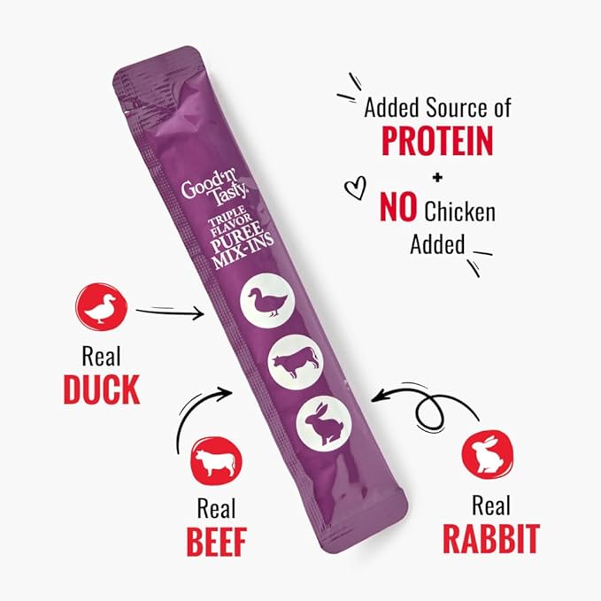 Good 'n' Tasty Triple Flavor Puree Mix-Ins Dog Food Topper Treats for All Dogs, 7 Count, Easy Single-Serve Portions, Added Protein with Duck, Beef and Rabbit, No Chicken Added (Pack of 2)