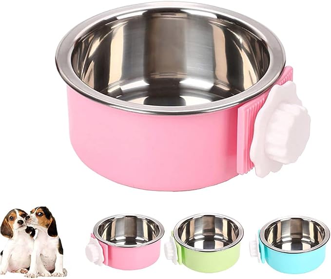 Love Dream Crate Dog Cat Bowls, Removable Stainless Steel Hanging Pet Cage Bowls for Kennel, Water Food Feeder Cage Coop Cup for Cats, Dogs, Rabbits and Small Animals (Small, Pink)