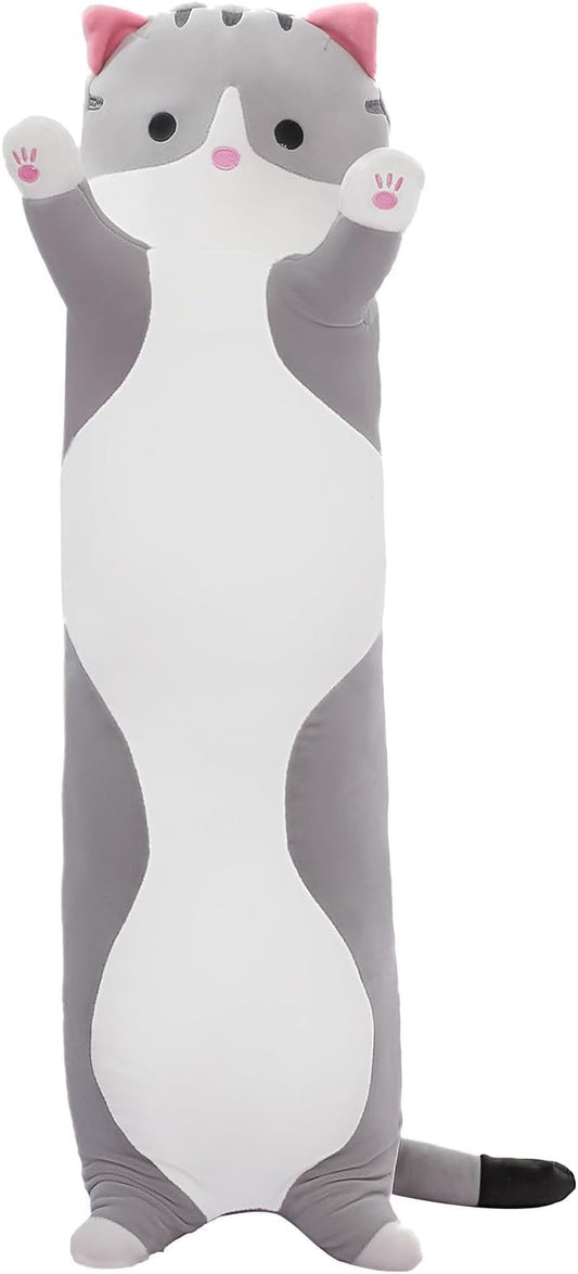 Cute Cat Plush Long Body Pillow – Soft Cartoon Stuffed Animal Doll, Kawaii Cat Plushie Cuddle Toy for Kids, Girls & Girlfriend (Gray, 43.3 Inch)