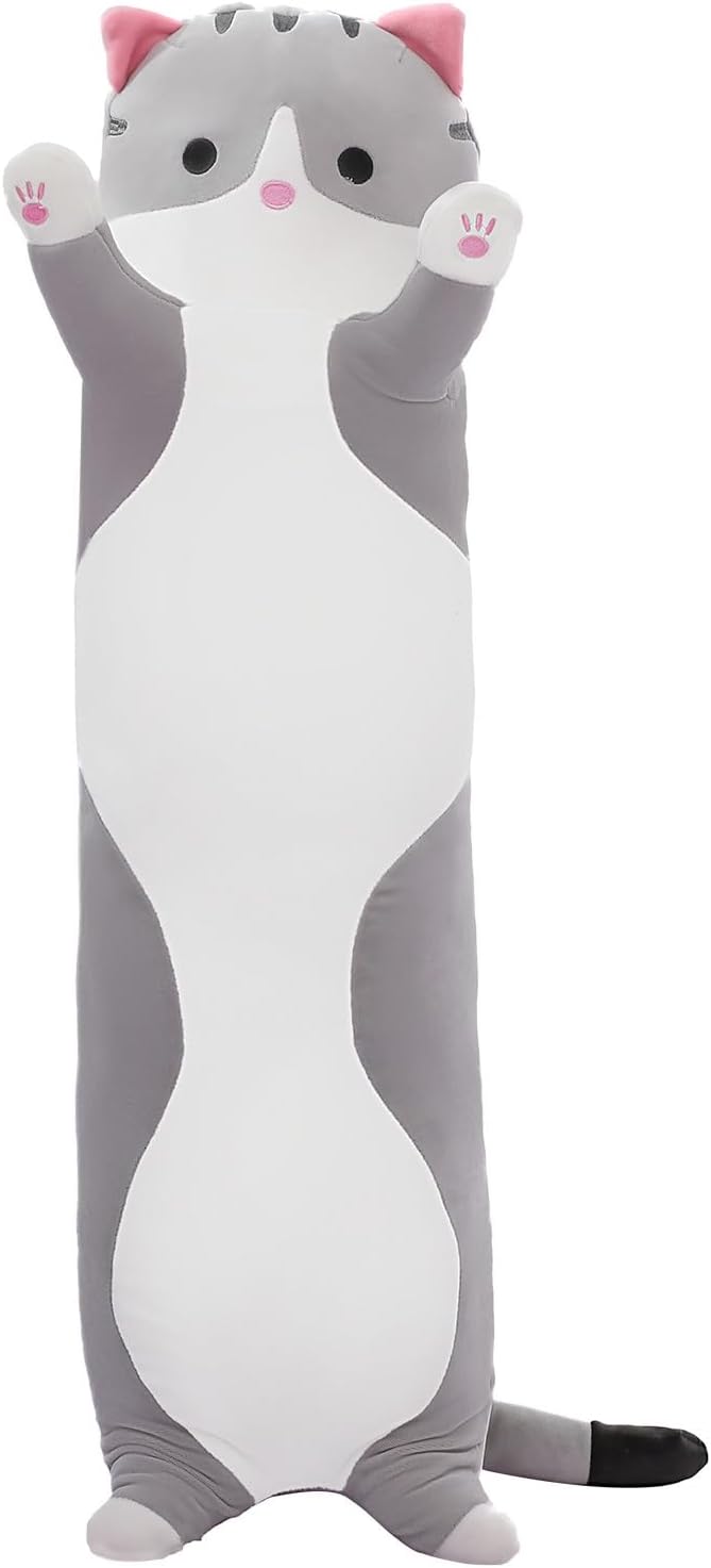Cute Cat Plush Long Body Pillow – Soft Cartoon Stuffed Animal Doll, Kawaii Cat Plushie Cuddle Toy for Kids, Girls & Girlfriend (Gray, 27.5 Inch)