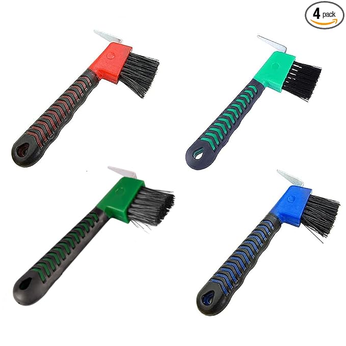 4Pcs Horse Hoof Pick Brushes,Horse Hoof Pick Brush with Soft Touch Rubber Handle