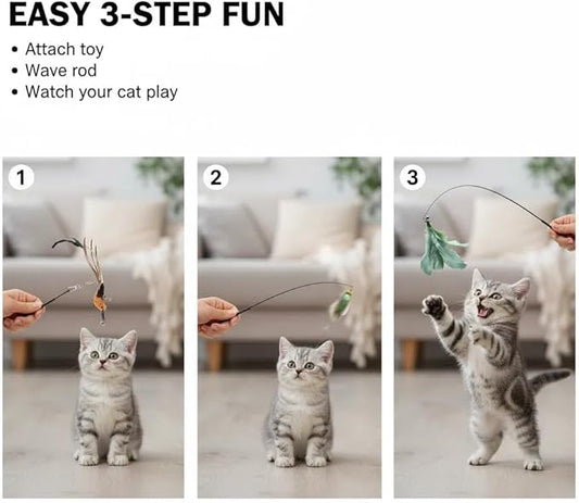 9 Pcs Interactive Cat Feather Toys for Indoor Self Play & Exercise, Cat Wand Toy, 2 Play Modes Kitten Teaser Wand, Reusable Suction Cup Kitten Toys