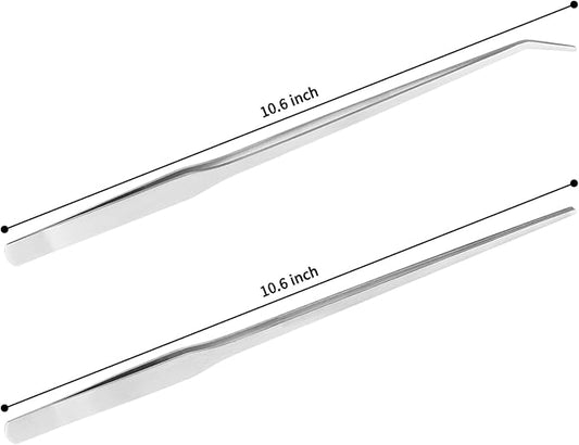 Fri4Free 2PCS Long Aquarium Tweezers - 10.6" Straight and Curved Tweezers, Stainless Steel Reptile Feeding tongs, Terrarium Aquascape Tools Feeder for Lizards, Bearded Dragon Snake Tank Accessories