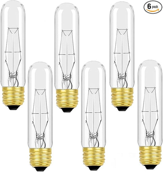 25 Watt T10 Clear Tubular Incandescent Light Bulb, T10 Bulbs,Vintage Style Showcase Bulbs,Showcase lamp,Dimmable for Desk Lamp,Curio Cabinet,Aquarium,Chandeliers,Aquarium Light Bulb(6PACK)