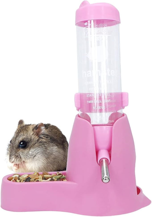 3 in 1 Hamster Hanging Water Bottle Pet Auto Dispenser with Base for Dwarf Hamster Mouse Rat Hedgehog (125ML, Pink)