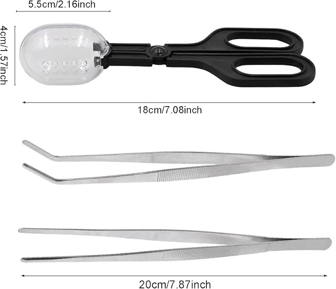 3in1 Feeding Tool Reptile Feeding Tongs Cricket Clamp Bug Scooper, Cleaning Supplies Scooper+ 2x Tweezers for Reptile, Hedgehog, Hamsters, Guinea Pig,Lizard, Spider Bearded Dragon (Black)