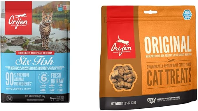 ORIJEN® Dry Cat Food, Grain Free, Premium, High Protein, Fresh & Raw Animal Ingredients, Six Fish, 12lb Freeze Dried Cat Treats, Original, 1.25oz