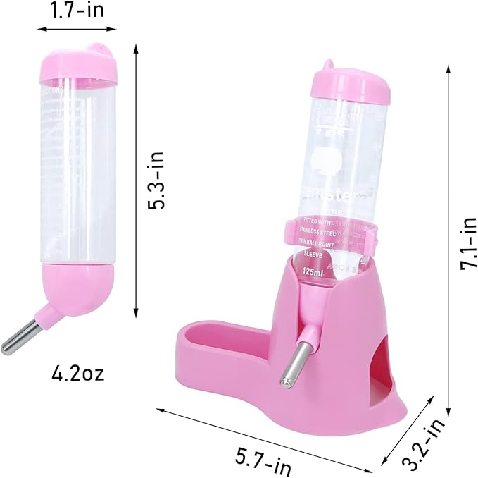 3 in 1 Hamster Hanging Water Bottle Pet Auto Dispenser with Base for Dwarf Hamster Mouse Rat Hedgehog (125ML, Pink)