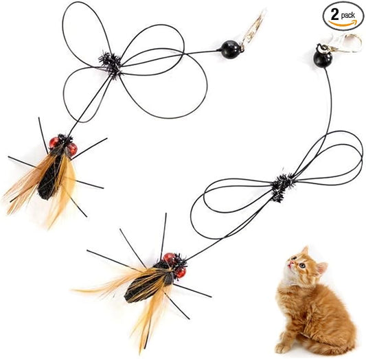 Cat Insect Feather Toys Replacement - 2 Pcs Handmade Natural Flies - Cat Toy Wand Refills - Interactive Kitten Teaser Wand Attachments - Cat Toys for Indoor Cats Play