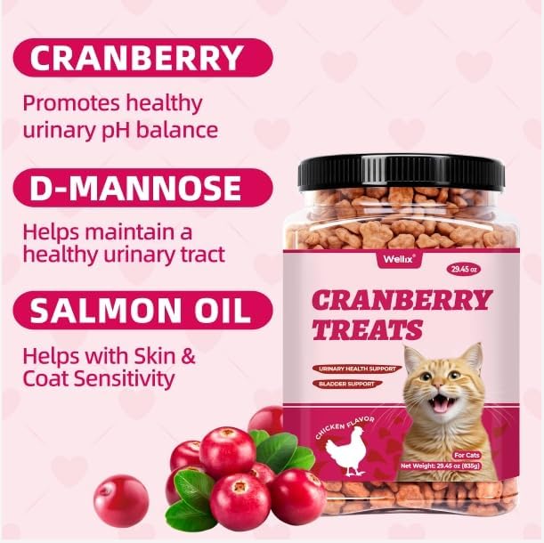 Wellix 29.45 oz Urinary Tract Health Cat Treats for Indoor Cats - Cranberry&D-Mannose for UT,Kidney,Bladder Support - Chicken Formula Crunchy Kitten Training Snacks Chews