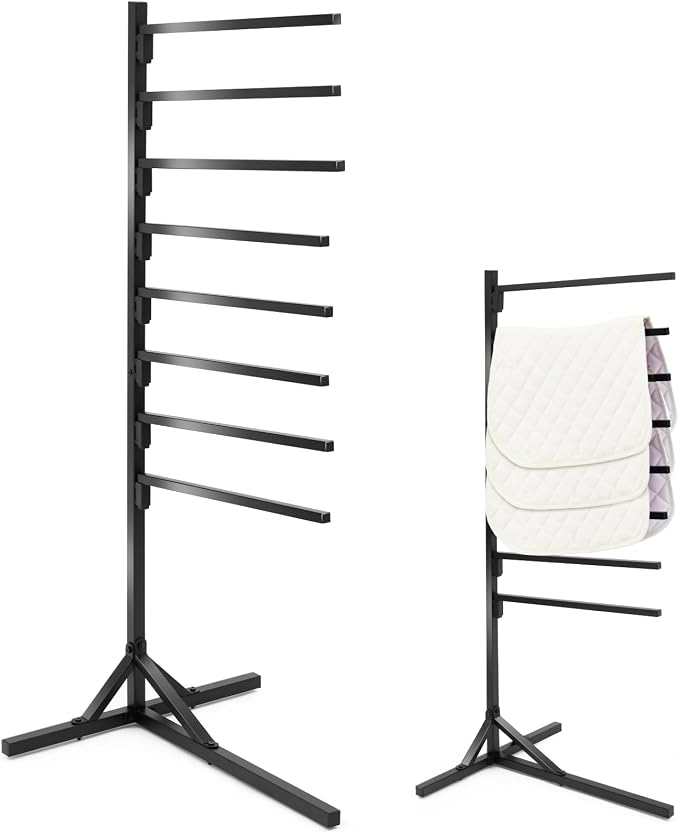 8-Tier Saddle Pad Rack with Stand, Long Rack Arms Horse Blanket Holder Horse Pad and Blanket Storage for Tack Room Organization Trailer Accessories