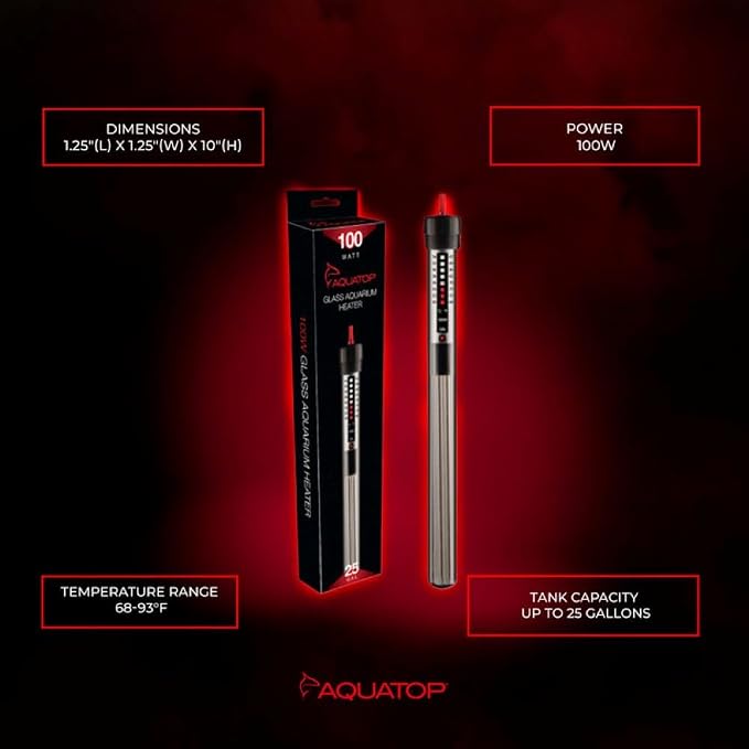 Aquatop 100W Aquarium Submersible Glass Heater - Fully Submersible for Fish Tanks Up to 25 Gallons - Adjustable Temperature 68-93°F - Ideal for Fresh & Saltwater Use