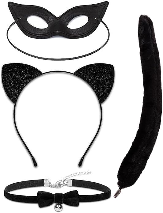 Cat Costume Cat Ear Necklace and Short VersionTail with Black Mask for Girls Women Cosplay Costome for Halloween