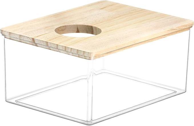 QWORK Hamster Sand Bath Box – Clear Acrylic Habitat Bath with Wooden Lid for Dwarf Hamsters, Digging & Grooming
