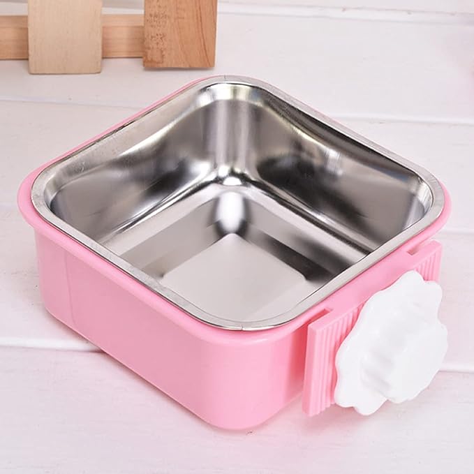 Crate Dog Bowl,Removable Stainless Steel Water Food Feeder Bowls Crate Coop Cup,Pet Cage Bowls with Bolt Holder for Cat, Puppy, Birds, Rats, Rabbits Small Animals ((Green+Pink) Square, Samll)