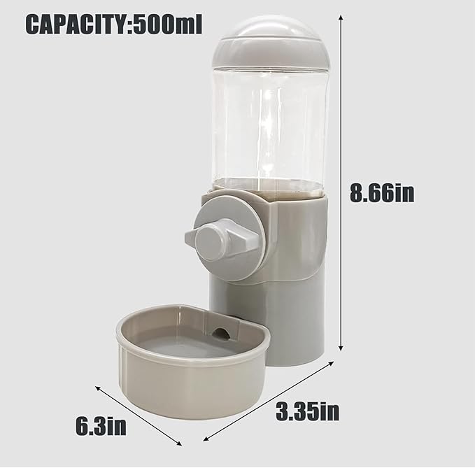 Tfwadmx Rabbit Watter Bottle 17oz Dispenser No Drip Small Animal Cage Water Feeder Bowl Hanging Guinea Pig Automatic Water for Bunny Chinchilla Hedgehog Ferret (Grey)