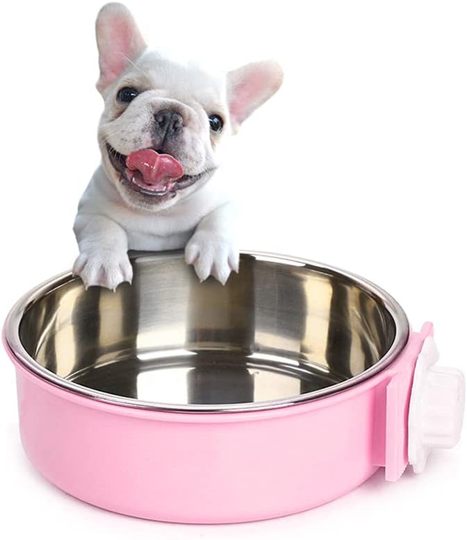 Crate Dog Bowl,Removable Stainless Steel Water Food Feeder Bowls Crate Coop Cup,Pet Cage Bowls with Bolt Holder for Cat, Puppy, Birds, Rats, Rabbits Small Animals ((Green+Pink) Round, Large)