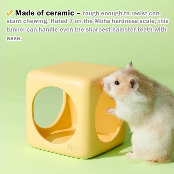 Ceramic Hamster House Cube Set, 4-Inch Stackable Small Animal Hideout Cave for Hamsters Mice Gerbils Dwarf Rabbits – Hard Durable DIY Mix & Match Habitat Hideaway Decor, Yellow