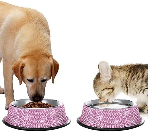SAVORI Small Dog Bowls Pink, Handmade Bling Rhinestones Stainless Steel Pet Bowls Double Food Water Feeder for Puppy Cats Dogs Cats (400ml-Pink)