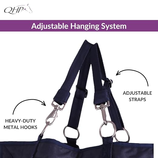 QHP Hay Bag for Horses | Slow Feed Horse Hay Bag | Horse Hay Feeder | 2.4" Mesh | Holds up to 13 lbs | Durable 600D Polyester | Stall, Trailer & Paddock | 2-Year Warranty (Navy)