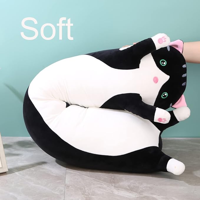Giant Cat Pillow Plush Cartoon Kitty Sleeping Hugging Pillow, Cuddly Soft Long Kitten Body Pillow Doll Cat Cushion Toy for Kids Girlfriend (Black, 110cm/43.3inch)