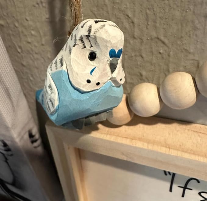 Selsela Hand-Carved Blue Parakeet Figurine - Miniature Wooden Budgie Bird Statue Sculpture, Handmade Animal Sculpture, Vibrant Home Decor & Collectible Gift