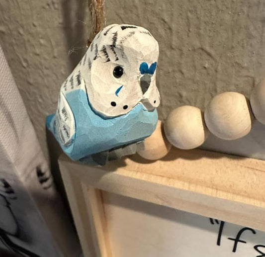 Selsela Hand-Carved Blue Parakeet Figurine - Miniature Wooden Budgie Bird Statue Sculpture, Handmade Animal Sculpture, Vibrant Home Decor & Collectible Gift
