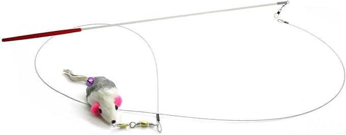 Kats’N US 2 Inch Real Rabbit Fur Handmade Mouse Cat Toy with 19 Inch White Wand - Gray, White Teaser with Bell, Durable Fiberglass Wand & Line, Hunting Instinct Interactive Attachment Set for Cats