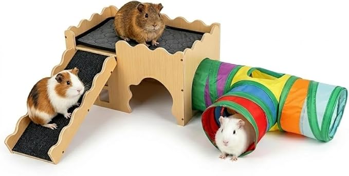 Wooden Guinea Pig Hideout Cave House, Guinea Pig Castle with Natural Cave-Style Entrance, Large Small Animal Habitat with Stairs, Waterproof Liner, Easy Assembly for Guinea Pigs, Rabbits & Hamsters