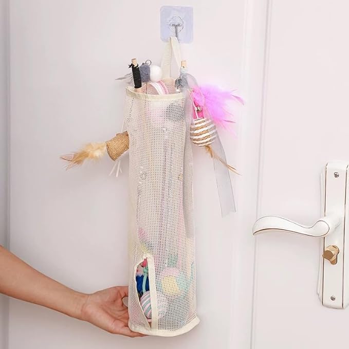 Cat Wand Toy Storage Organizer, Wall Mounted Mesh Holder for Cat Toys, Space-Saving with Adhesive Hooks (Single Compartment)
