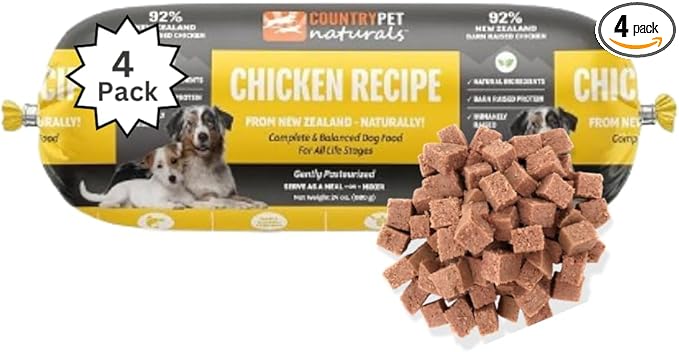 New Zealand Frozen Dog Rolls, Pasture-Raised & Free-Range, Gently Pasteurized Raw Dog Food, Protein-Rich, Natural & Healthy (4 Rolls, Chicken)